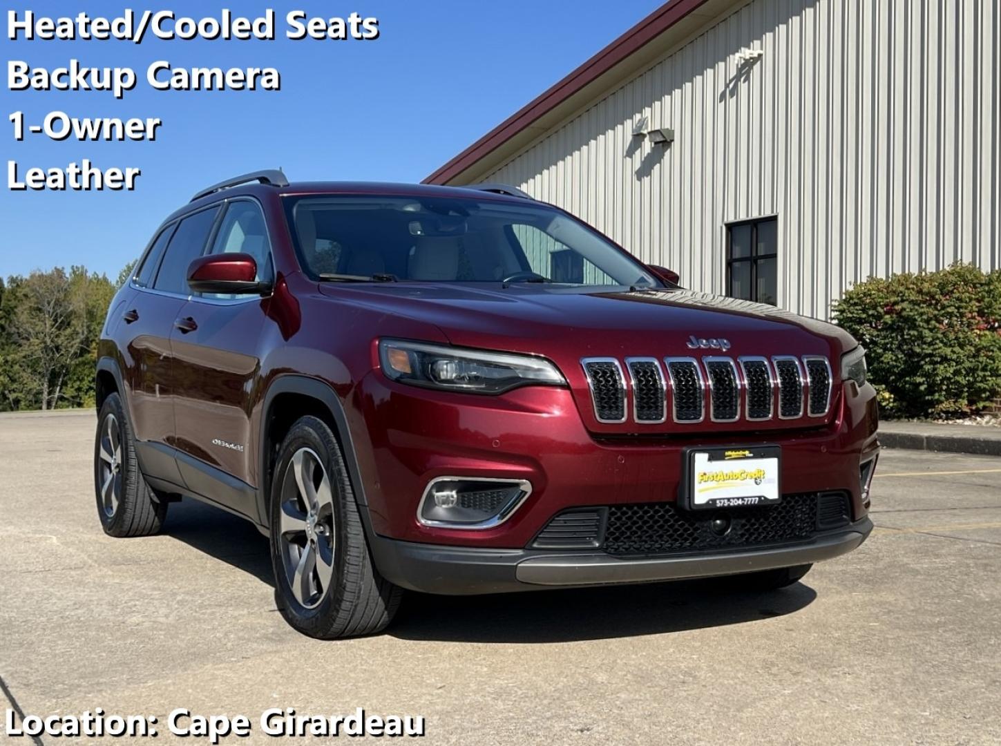 2020 MAROON /Tan Leather JEEP CHEROKEE LIMITED (1C4PJLDX3LD) with an 3.2L V6 engine, Automatic transmission, located at 506 S. Kingshighway, Cape Girardeau, MO, 63703, (573) 235-5000, 37.294991, -89.553635 - 2020 Jeep Cherokee Limited 1-Owner 119xxx miles Front Wheel Drive 3.2L V6 Automatic Leather Power/Heated/Cooled Seats Heated Steering Wheel Backup Camera Bluetooth Cruise Remote Start Power Windows/Locks/Mirrors We have financing available and we accept trades! Fill out a credit applic - Photo#0