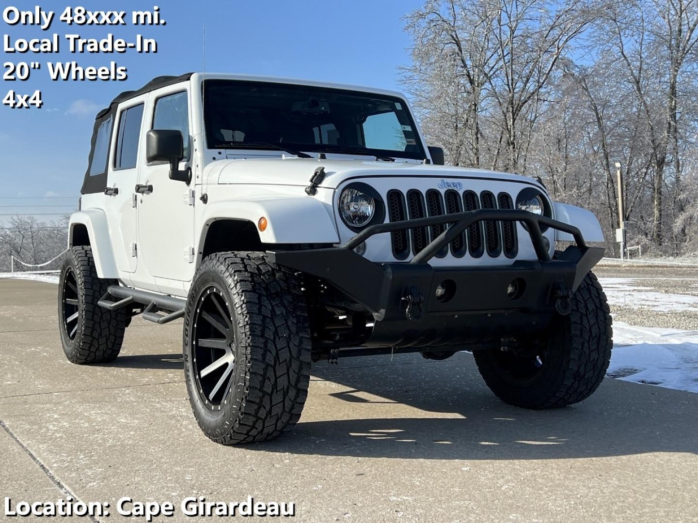 2014 WHITE /Black Cloth Jeep Wrangler Unlimited Sahara (1C4BJWEG1EL) with an 3.6L V6 engine, Automatic transmission, located at 506 S. Kingshighway, Cape Girardeau, MO, 63703, (573) 235-5000, 37.294991, -89.553635 - 2014 Jeep Wrangler Unlimited Sahara Only 48xxx miles 4x4 3.6L V6 Automatic Local Trade-In 20" Wheels Cruise Power Windows/Locks/Mirrors We have financing available and we accept trades! Fill out a credit application on our website or come by today! If you have any questions, give us a call - Photo#0