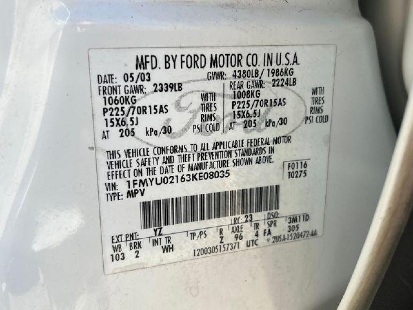 2003 WHITE /Tan FORD ESCAPE XLS (1FMYU02163K) with an 3.0L engine, Automatic transmission, located at 2990 Old Orchard Rd., Jackson, MO, 63755, 37.354214, -89.612106 - Photo#37