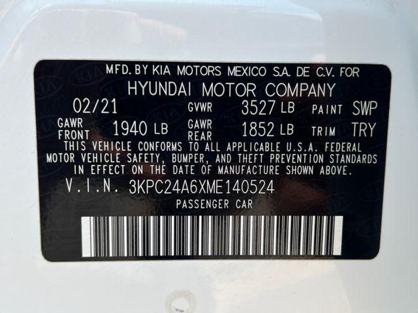 2021 WHITE /Black HYUNDAI ACCENT SE (3KPC24A6XME) with an 1.6L engine, Continuously Variable transmission, located at 2990 Old Orchard Rd., Jackson, MO, 63755, 37.354214, -89.612106 - Photo#40