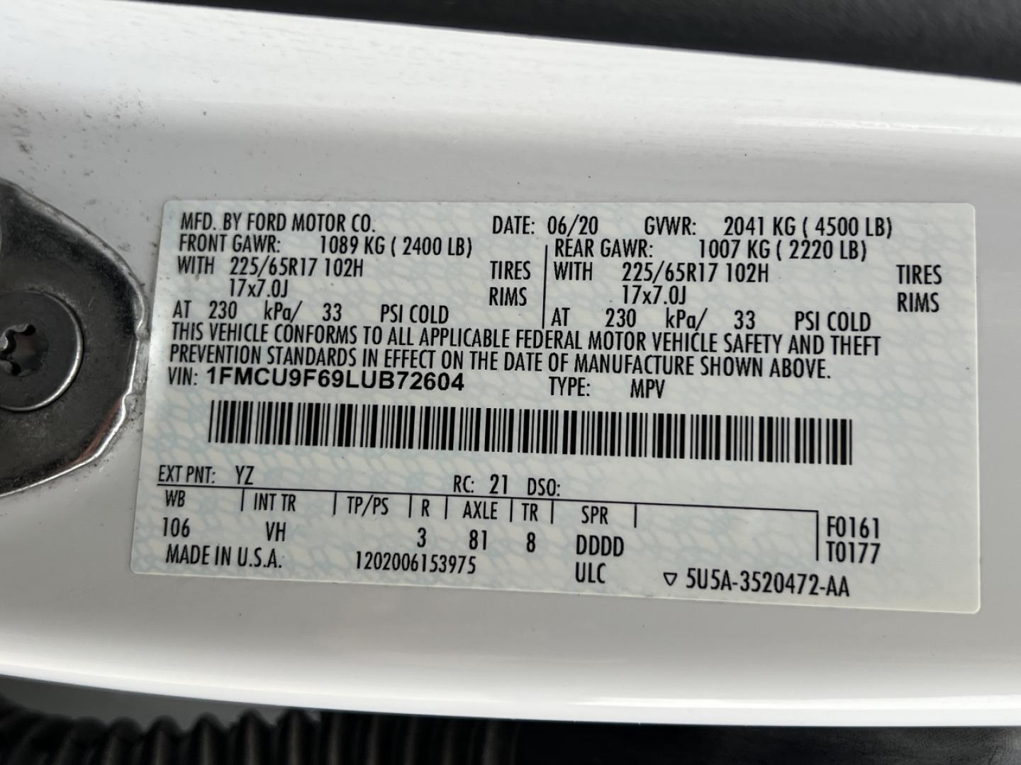 2020 WHITE /Gray Cloth FORD ESCAPE S (1FMCU9F69LU) with an 1.5L 3 Cyl. engine, Automatic transmission, located at 506 S. Kingshighway, Cape Girardeau, MO, 63703, (573) 235-5000, 37.294991, -89.553635 - 2020 Ford Escape S 1-Owner 76xxx miles 4 Wheel Drive 1.5L 3 Cyl. Automatic Backup Camera Bluetooth Cruise Power Windows/Locks/Mirrors We have financing available and we accept trades! Fill out a credit application on our website or come by today! If you have any questions, give us a call - Photo#41