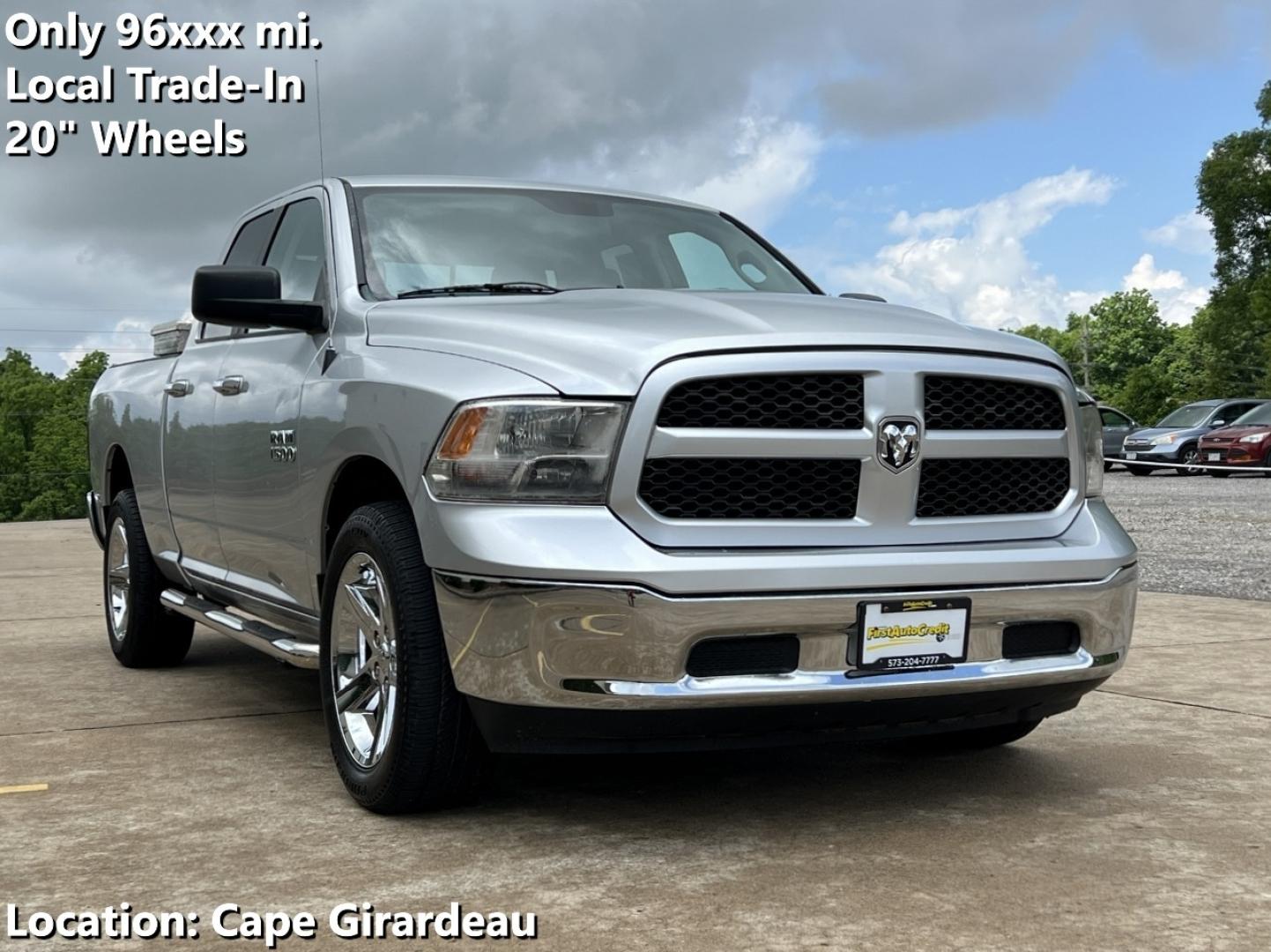 2015 SILVER /Gray Cloth RAM 1500 SLT Quad Cab 2WD (1C6RR6GG5FS) with an 3.6L V6 engine, Automatic transmission, located at 506 S. Kingshighway, Cape Girardeau, MO, 63703, (573) 235-5000, 37.294991, -89.553635 - 2015 Ram 1500 SLT 96xxx miles Rear Wheel Drive 3.6L V6 Automatic Bluetooth Cruise Power Windows/Locks/Mirrors We have financing available and we accept trades! Fill out a credit application on our website or come by today! If you have any questions, give us a call at (573) 235-5000 or visit - Photo#0
