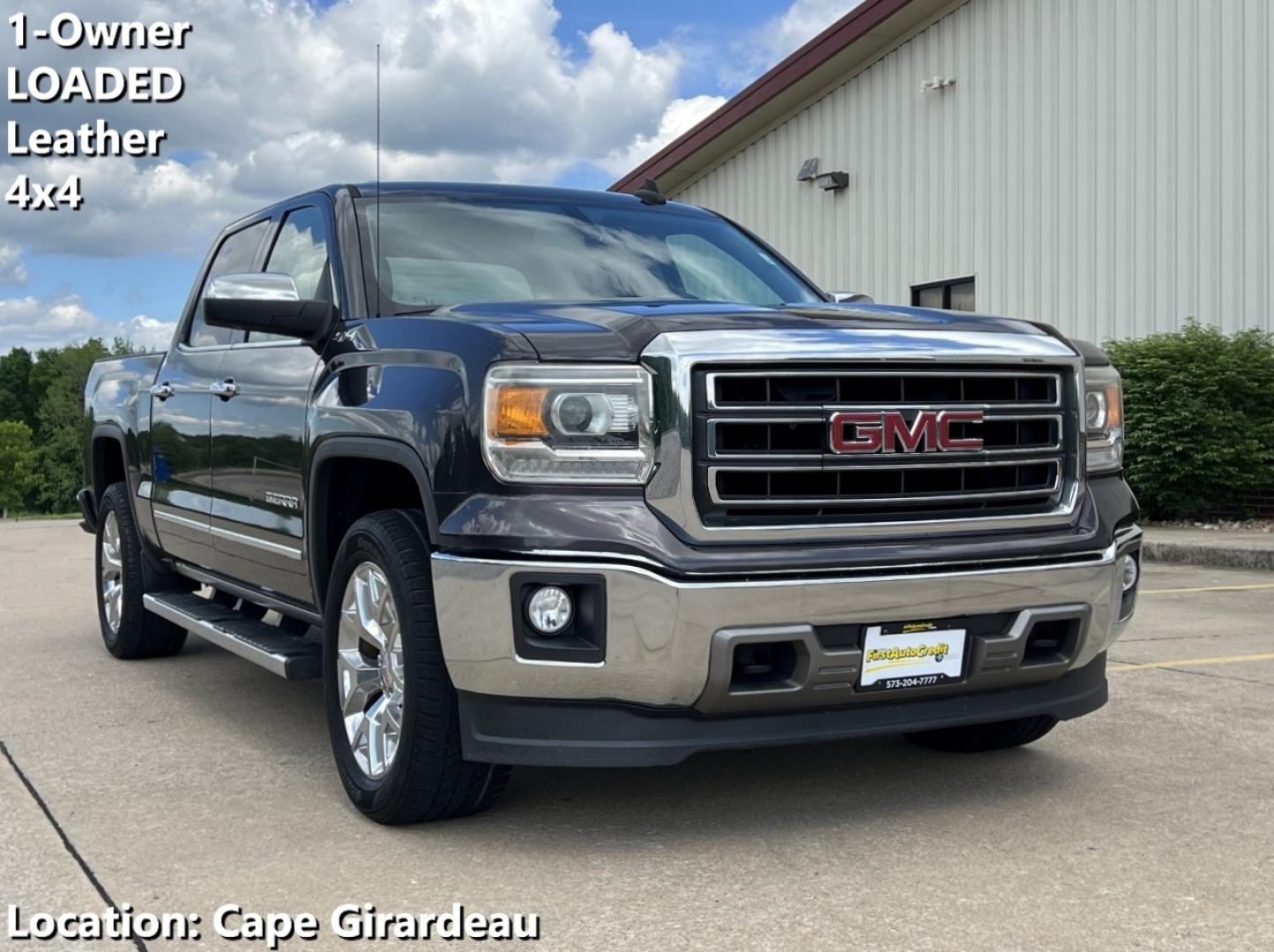 2015 GRAY /Black Leather GMC Sierra 1500 SLT Crew Cab 4x4 (3GTU2VEC2FG) with an 5.3L V8 engine, Automatic transmission, located at 506 S. Kingshighway, Cape Girardeau, MO, 63703, (573) 235-5000, 37.294991, -89.553635 - 2015 GMC Sierra 1500 SLT 1-Owner 123xxx miles 4x4 5.3L V8 Automatic Leather Navigation Power/Heated/Cooled Seats Backup Camera Bluetooth Remote Start Cruise Power Windows/Locks/Mirrors We have financing available and we accept trades! Fill out a credit application on our website or com - Photo#0