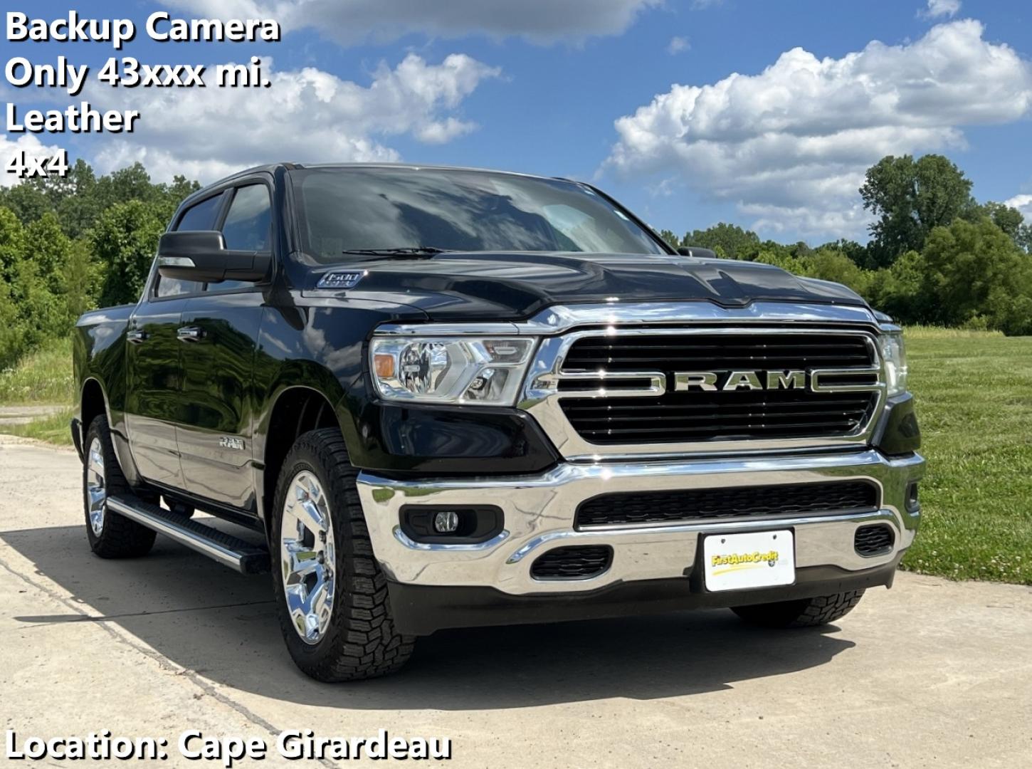 2020 BLACK /Gray Cloth RAM 1500 Big Horn Crew Cab SWB 4WD (1C6SRFFT3LN) with an 5.7L V8 engine, Automatic transmission, located at 506 S. Kingshighway, Cape Girardeau, MO, 63703, (573) 235-5000, 37.294991, -89.553635 - 2020 Ram 1500 Big Horn Only 43xxx miles 4x4 5.7L V8 Automatic Backup Camera Power Driver Seat Bluetooth Remote Start Cruise Power Windows/Locks/Mirrors We have financing available and we accept trades! Fill out a credit application on our website or come by today! If you have any questio - Photo#0