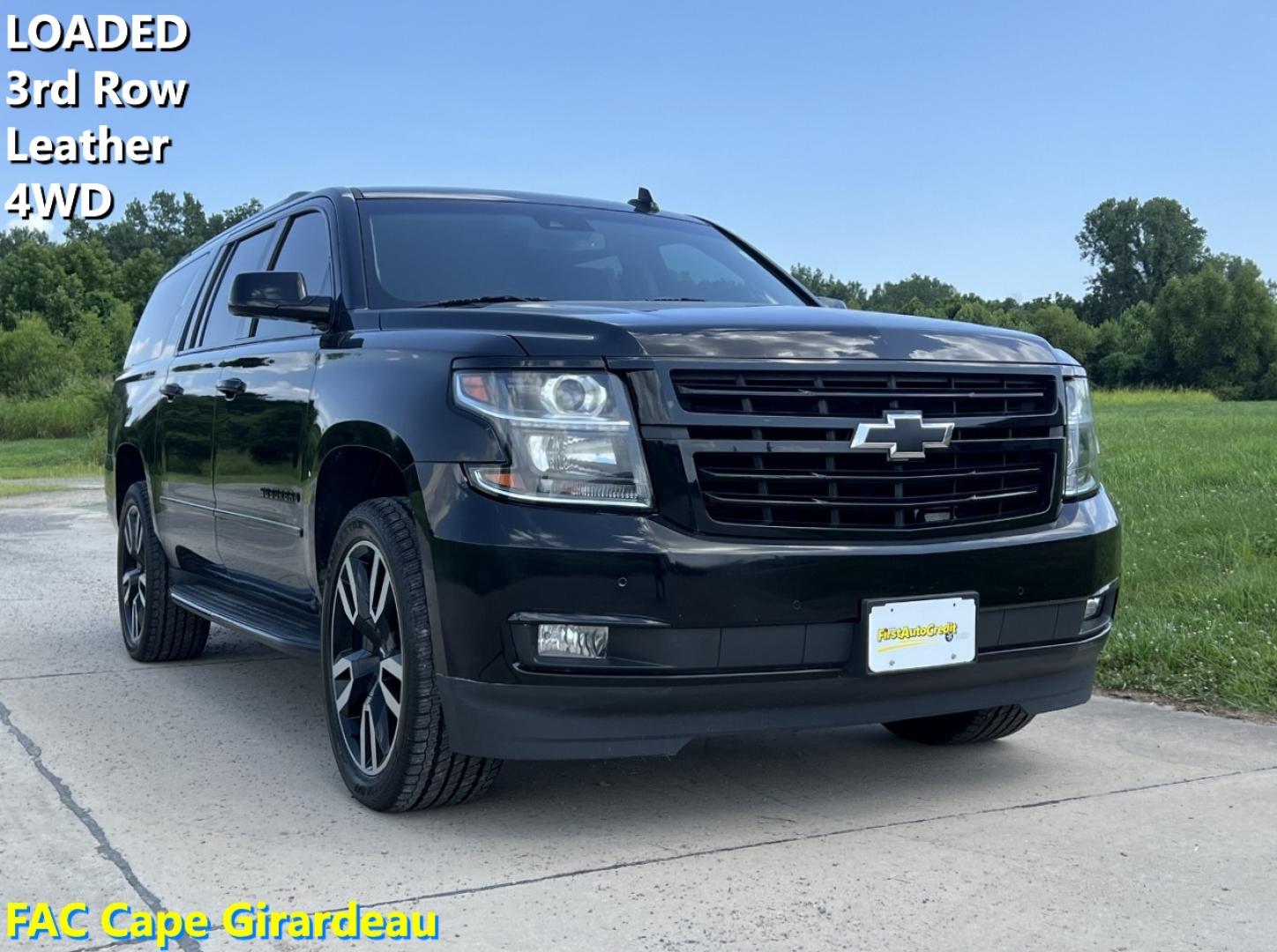 2019 BLACK /Black Leather Chevrolet Suburban Premier 4WD (1GNSKJKJ7KR) with an 6.2L V8 engine, Automatic transmission, located at 506 S. Kingshighway, Cape Girardeau, MO, 63703, (573) 235-5000, 37.294991, -89.553635 - 2019 Chevrolet Suburban 1500 Premier 92xxx miles 4 Wheel Drive 6.2L V8 Automatic Leather 3rd Row Navigation Rear Entertainment Power/Heated/Cooled Seats Heated Rear Seats Heated Steering Wheel Backup Camera Bluetooth Cruise Power Windows/Locks/Mirrors We have financing available and - Photo#0