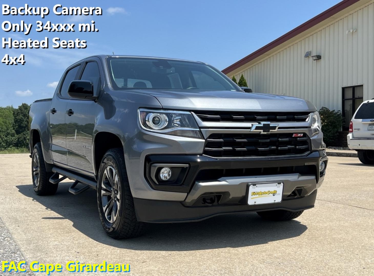 2021 GRAY /Gray Cloth/Leatherette Chevrolet Colorado Z71 Off Road Crew Cab Long Box 4WD (1GCGTDEN0M1) with an 3.6L V6 engine, Automatic transmission, located at 506 S. Kingshighway, Cape Girardeau, MO, 63703, (573) 235-5000, 37.294991, -89.553635 - 2021 Chevrolet Colorado Z71 Off Road Only 34xxx miles 4x4 3.6L V6 Automatic Cloth/Leatherette Backup Camera Power Driver Seat Heated Seats Bluetooth Remote Start Cruise Power Windows/Locks/Mirrors We have financing available and we accept trades! Fill out a credit application on our web - Photo#0