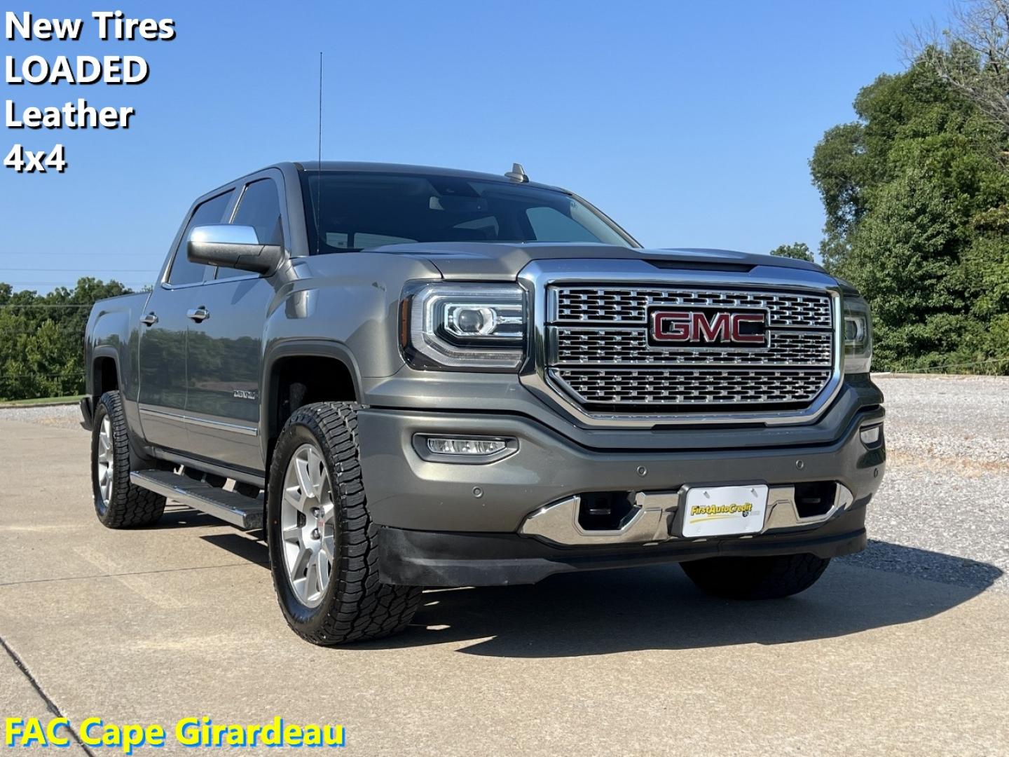 2018 GRAY /Black Leather GMC Sierra 1500 Denali Crew Cab Long Box 4WD (3GTU2PEC0JG) with an 5.3L V8 engine, Automatic transmission, located at 506 S. Kingshighway, Cape Girardeau, MO, 63703, (573) 235-5000, 37.294991, -89.553635 - 2018 GMC Sierra 1500 Denali 165xxx miles 4x4 5.3L V8 Automatic Leather New Tires Navigation Power/Heated/Cooled Seats Heated Steering Wheel Backup Camera Bluetooth Remote Start Cruise Power Windows/Locks/Mirrors We have financing available and we accept trades! Fill out a credit appli - Photo#0