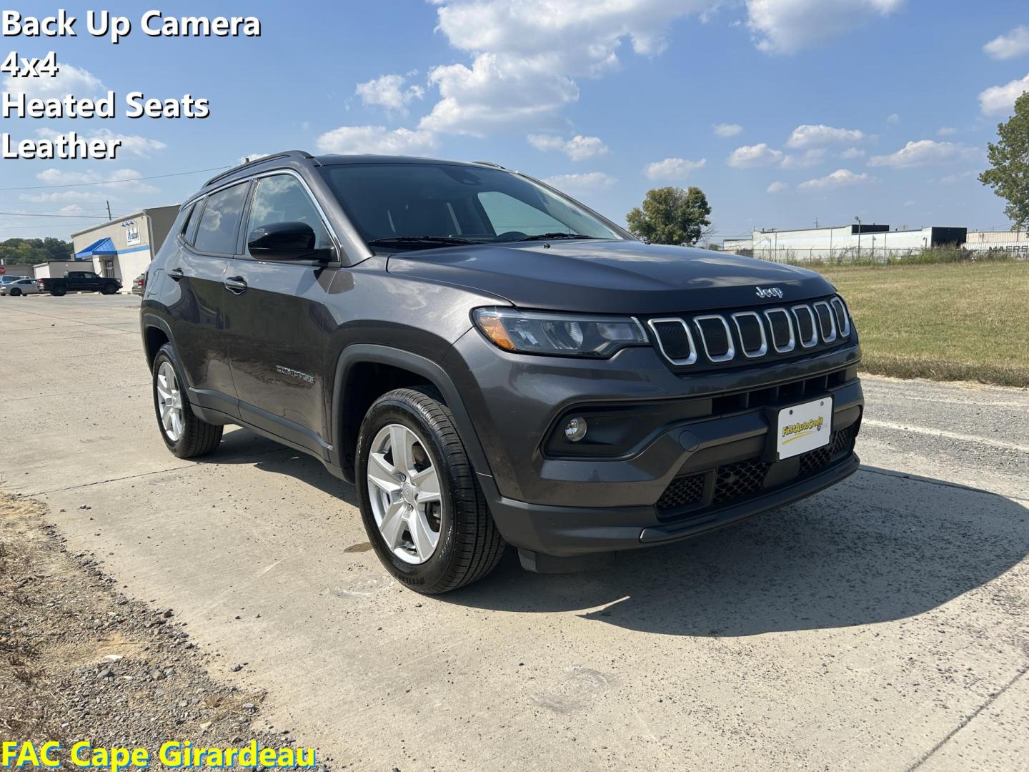 2022 GRAY /Black Jeep Compass Latitude 4WD (3C4NJDBB5NT) with an 2.4L L4 DOHC 16V engine, Automatic transmission, located at 506 S. Kingshighway, Cape Girardeau, MO, 63703, (573) 235-5000, 37.294991, -89.553635 - 2022 Jeep Compass Latitude 4WD 37xxx miles Four Wheel Drive 2.4L 4 Cyl. Automatic Backup Camera Bluetooth Power Driver Seat Heated Seats Cruise Power Lift Gate Power Windows/Locks/Mirrors We have financing available and we accept trades! Fill out a credit application on our website or co - Photo#0