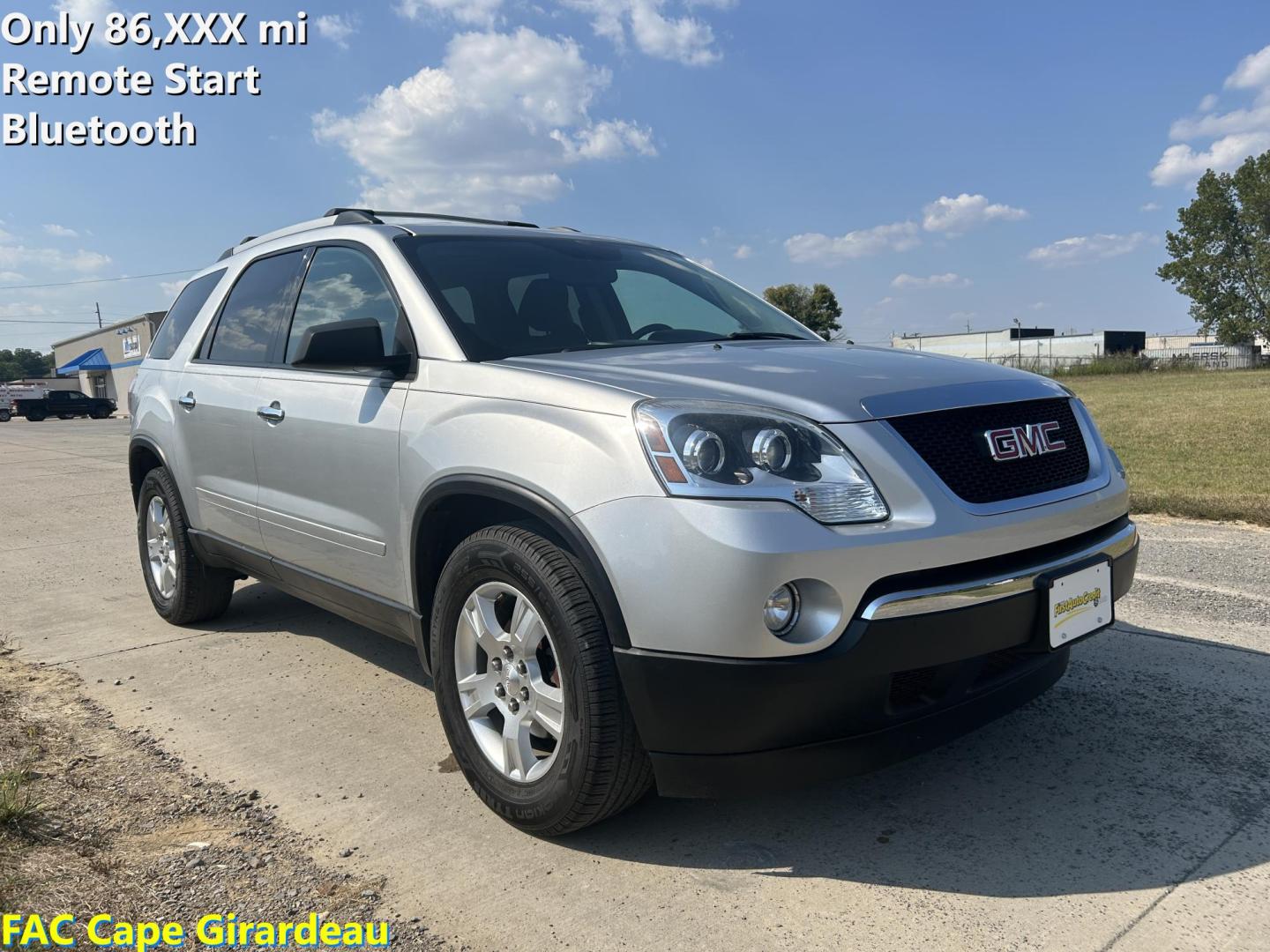 2012 SILVER /Black GMC Acadia SLE-1 FWD (1GKKRNED9CJ) with an 3.6L V6 DOHC 24V engine, 6-Speed Automatic transmission, located at 506 S. Kingshighway, Cape Girardeau, MO, 63703, (573) 235-5000, 37.294991, -89.553635 - 2012 GMC Acadia SLE 86,XXX Miles 3.6L V6 Automatic Front Wheel Drive Remote Start Bluetooth Cruise Power Locks/Windows/Mirrors We have financing available and we accept trades! Fill out a credit application on our website or come by today! If you have any questions, give us a call at (573) - Photo#0