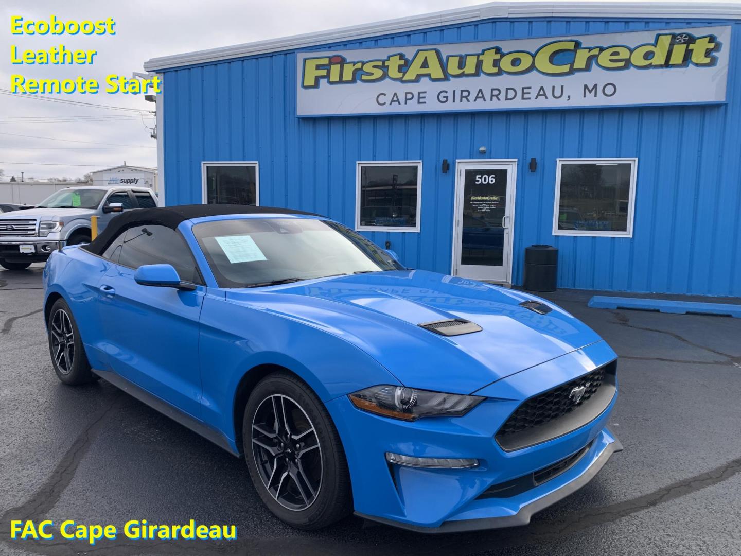 2022 BLUE /Black Leather Ford Mustang EcoBoost Premium Convertible (1FATP8UH4N5) with an 2.3L 4 Cyl. engine, Automatic transmission, located at 506 S. Kingshighway, Cape Girardeau, MO, 63703, (573) 235-5000, 37.294991, -89.553635 - 2022 Ford Mustang Ecoboost Premium 59xxx miles Rear Wheel Drive 2.3L 4 Cyl. Automatic Leather Power/Heated/Cooled Seats Backup Camera Bluetooth Remote Start Cruise Power Windows/Locks/Mirrors We have financing available and we accept trades! Fill out a credit application on our website o - Photo#0