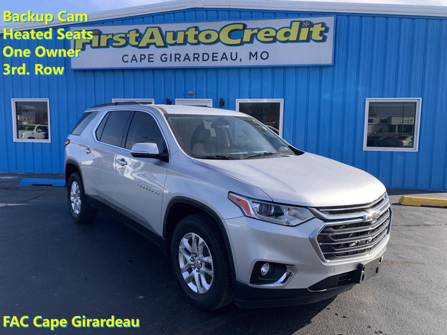 2021 SILVER /Black Cloth Chevrolet Traverse LT FWD (1GNERGKW4MJ) with an 3.6L V6 DOHC 24V engine, Automatic transmission, located at 506 S. Kingshighway, Cape Girardeau, MO, 63703, (573) 235-5000, 37.294991, -89.553635 - 2021 Chevrolet Traverse LT 1-Owner Only 37xxx miles Front Wheel Drive 3.6L V6 Automatic 3rd Row Backup Camera Power Driver Seat Heated Seats Bluetooth Remote Start Cruise Power Windows/Locks/Mirrors We have financing available and we accept trades! Fill out a credit application on our - Photo#0