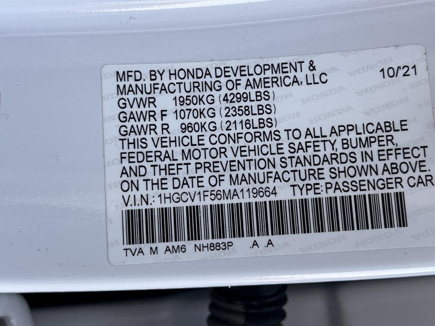 2021 WHITE /Black Leather Honda Accord EX-L (1HGCV1F56MA) with an 1.5L 4 Cyl. TURBO engine, Automatic transmission, located at 2990 Old Orchard Rd., Jackson, MO, 63755, 37.354214, -89.612106 - 2021 Honda Accord EX-L 1-Owner 91xxx miles Front Wheel Drive 1.5L 4 Cyl. Automatic Leather Backup Camera Power/Heated Seats Sunroof Bluetooth Remote Start Cruise Power Windows/Locks/Mirrors We have financing available and we accept trades! Fill out a credit application on our website o - Photo#46