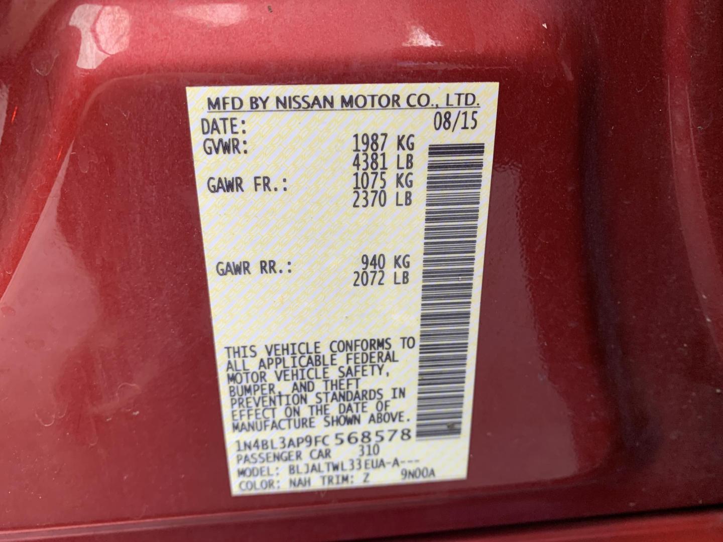 2015 RED /Black Nissan Altima 3.5 SV (1N4BL3AP9FC) with an 3.5L V6 DOHC 24V engine, Continuously Variable Transmission transmission, located at 506 S. Kingshighway, Cape Girardeau, MO, 63703, (573) 235-5000, 37.294991, -89.553635 - 2015 Nissan Altima 3.5 SL Leather Remote Start Air Conditioning Power Windows Power Locks Power Steering Tilt Wheel AM/FM CD/MP3 Satellite Keyless Entry Dual Front Airbags Side Airbags Head Airbags Rear Head Airbags All Wheel ABS We have financing available and we accept trades! Fill - Photo#18