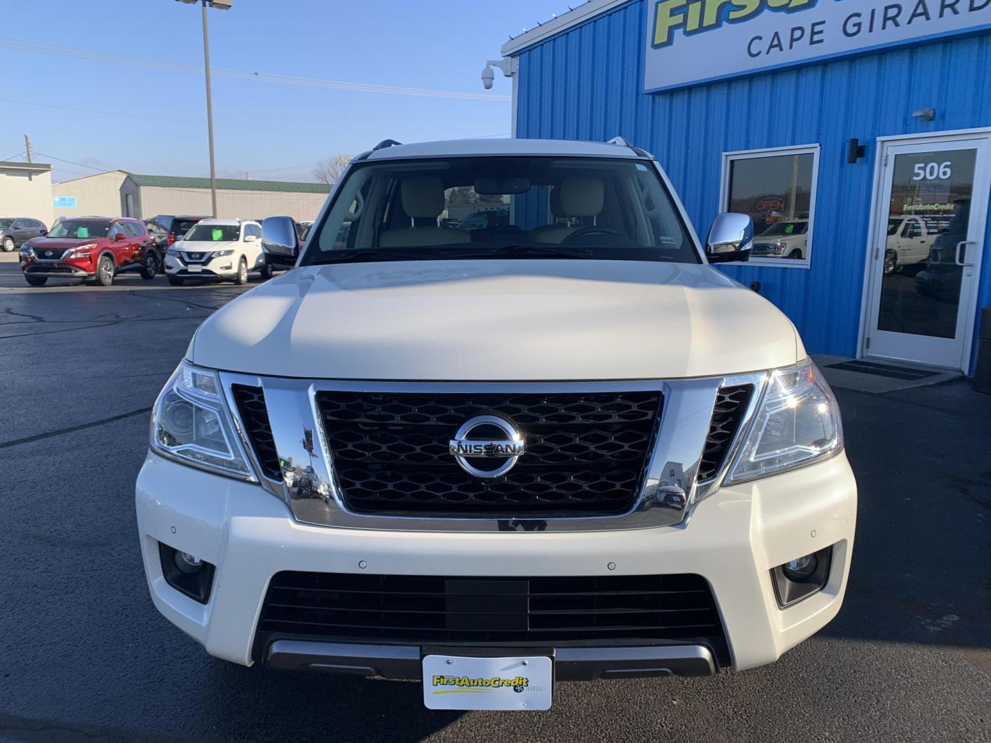2019 WHITE /TAN Nissan Armada SV AWD (JN8AY2NC2K9) with an 5.6L V8 DOHC 32V engine, 7A transmission, located at 506 S. Kingshighway, Cape Girardeau, MO, 63703, (573) 235-5000, 37.294991, -89.553635 - One Owner! 2019 Nissan Armada SV Air Conditioning Power Windows Power Locks Power Steering Tilt Wheel Keyless Entry Alarm Daytime Running Lights Dual Front Airbags All Wheel ABS We have financing available and we accept trades! Fill out a credit application on our website or come by toda - Photo#1