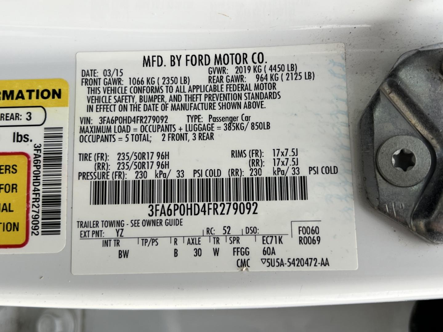 2015 WHITE /Black Ford Fusion SE (3FA6P0HD4FR) with an 1.5L 4 Cyl. engine, Automatic transmission, located at 2990 Old Orchard Rd., Jackson, MO, 63755, 37.354214, -89.612106 - 2015 Ford Fusion SE 159xxx miles Front Wheel Drive 1.5L 4 Cyl. Automatic Leather Backup Camera Power/Heated Seats Bluetooth Cruise Power Windows/Locks/Mirrors We have financing available and we accept trades! Fill out a credit application on our website or come by today! If you have any - Photo#48