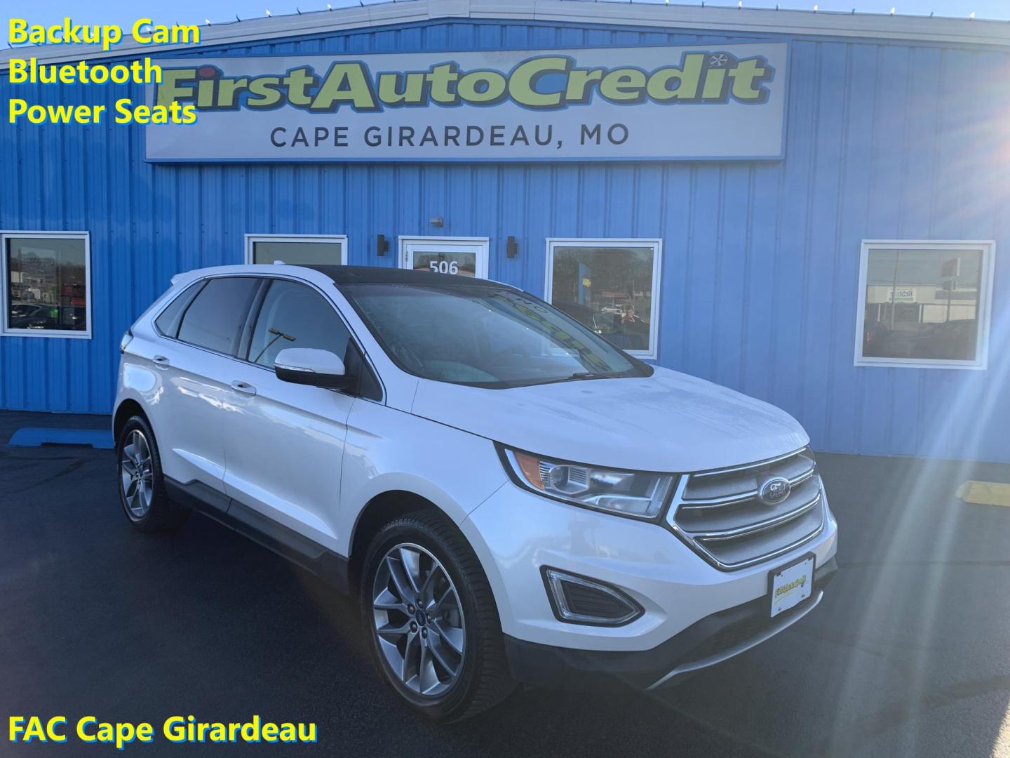 2015 WHITE /BLACK Ford Edge Titanium (2FMPK3K96FB) with an 2.0L L4 DOHC 16V engine, Automatic transmission, located at 506 S. Kingshighway, Cape Girardeau, MO, 63703, (573) 235-5000, 37.294991, -89.553635 - 2015 Ford Edge Titanium 2.0L 4 Cyl. Automatic Leather Navigation Backup Camera Power/Heated Seats Bluetooth Cruise Power Windows/Locks/Mirrors We have financing available and we accept trades! Fill out a credit application on our website or come by today! If you have - Photo#0