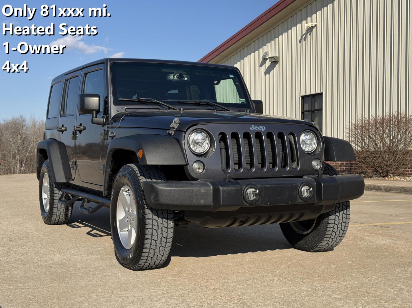 2018 GRAY /Black Jeep Wrangler Unlimited Sport 4WD (1C4BJWDG8JL) with an 3.6L V6 engine, Automatic transmission, located at 2990 Old Orchard Rd., Jackson, MO, 63755, 37.354214, -89.612106 - 2018 Jeep Wrangler Unlimited Sport 1-Owner 81xxx miles 4 Wheel Drive 3.6L V6 Automatic Heated Seats Bluetooth Remote Start Cruise Power Windows/Locks/Mirrors We have financing available and we accept trades! Fill out a credit application on our website or come by today! If you have any q - Photo#0
