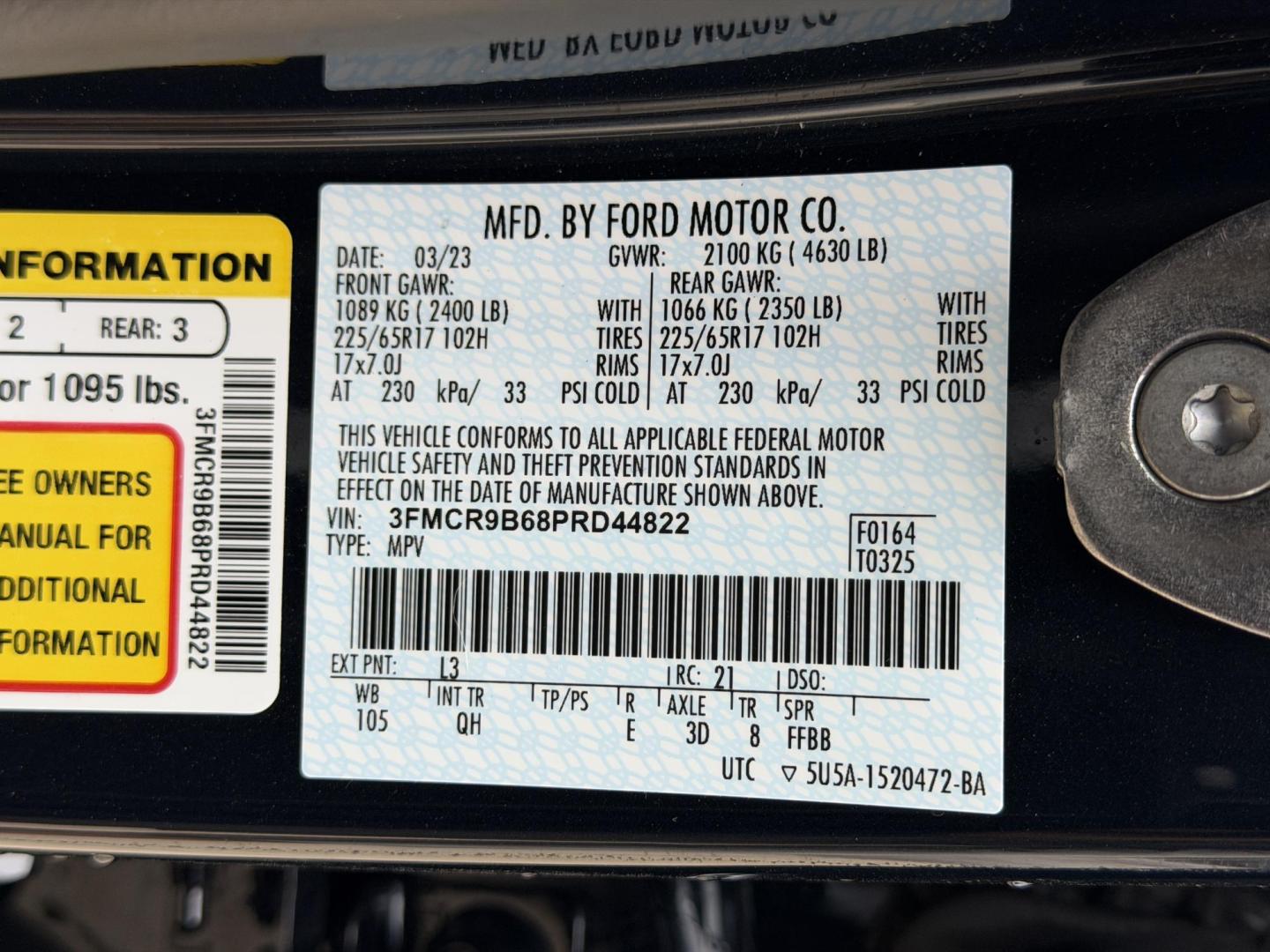 2023 NAVY /Black Ford Bronco Sport Big Bend (3FMCR9B68PR) with an 1.5L 3 Cyl. engine, Automatic transmission, located at 2990 Old Orchard Rd., Jackson, MO, 63755, 37.354214, -89.612106 - 2023 Ford Bronco Big Bend 31xxx miles 4 Wheel Drive 1.5L 3 Cyl. Automatic Backup Camera Power Driver Seat Heated Seats Bluetooth Cruise Power Windows/Locks/Mirrors We have financing available and we accept trades! Fill out a credit application on our website or come by today! If you have - Photo#43