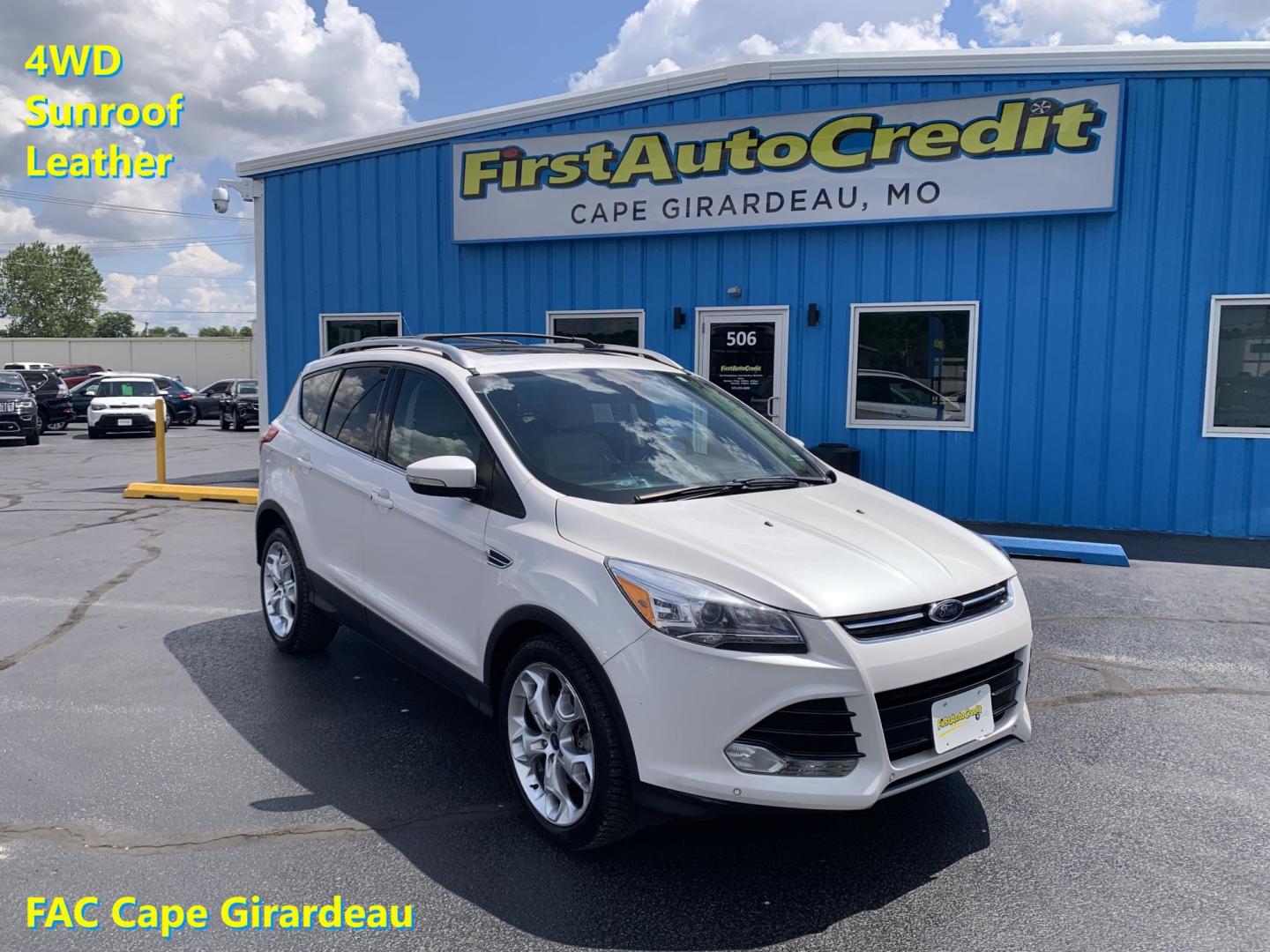 2014 WHITE /TAN Ford Escape Titanium 4WD (1FMCU9J92EU) with an 2.0L L4 DOHC 16V engine, Automatic transmission, located at 506 S. Kingshighway, Cape Girardeau, MO, 63703, (573) 235-5000, 37.294991, -89.553635 - 2014 Ford Escape Titanium 4WD 115,xxx miles Heated Seats Power Seat Sunroof 4WD Backup Cam Leather Keyless Entry Remote Start Power Windows/Locks/Mirrors We have financing available and we accept trades! Fill out a credit application on our website or come by today! If you have any q - Photo#0